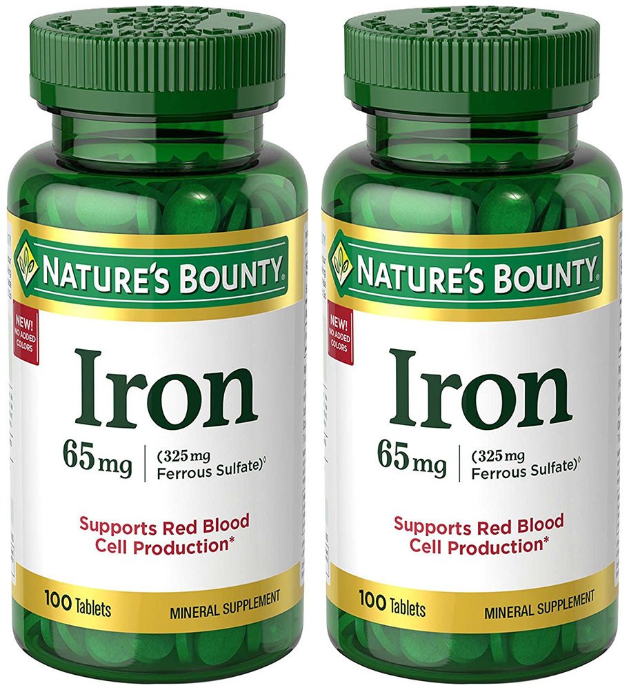 Iron 65 mg per tablet (325 mg ferrous sulfate); 2 bottles, 100 tablets.
