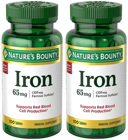 Iron 65 mg per tablet (325 mg ferrous sulfate); 2 bottles, 100 tablets.