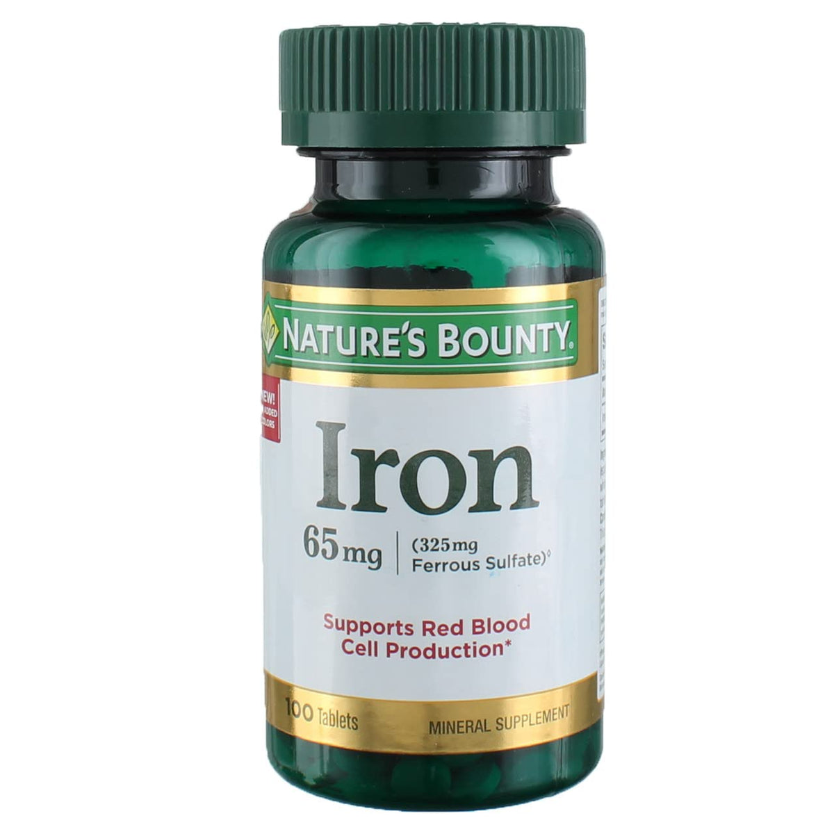 Iron 65 mg supplement front view - four-bottle pack, 100 tablets total