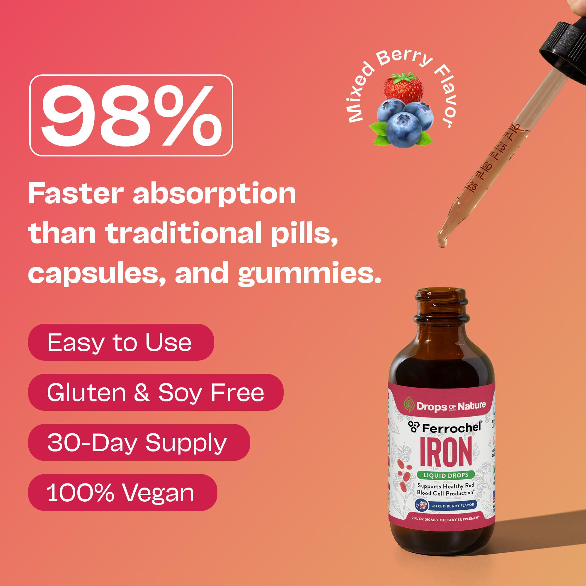 Front view of vegan non-GMO iron bisglycinate liquid formula