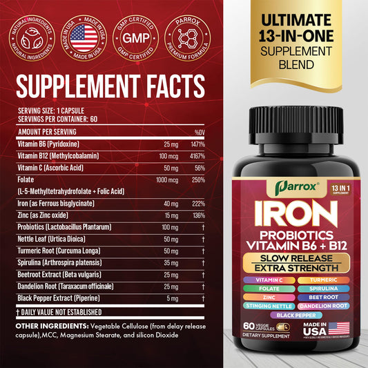 Close-up of vegan iron capsules