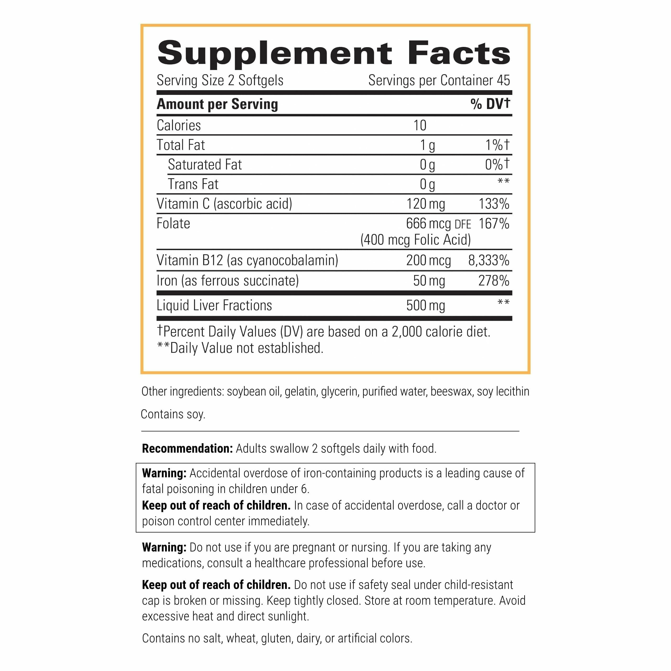 Close-up of Iron Complex bottle label highlighting energy support