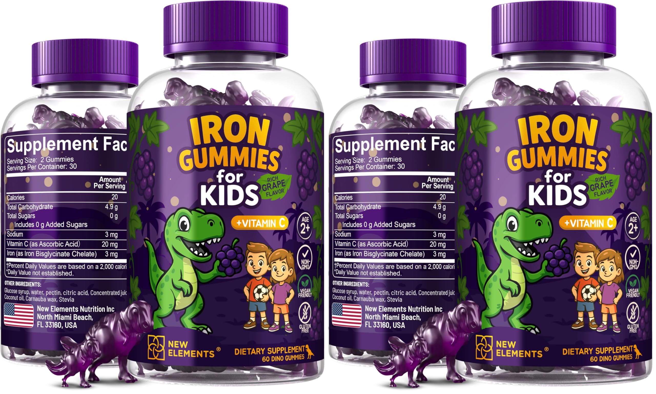 Front view of Iron Dinosaur Gummies for Kids with Vitamin C in grape flavor.