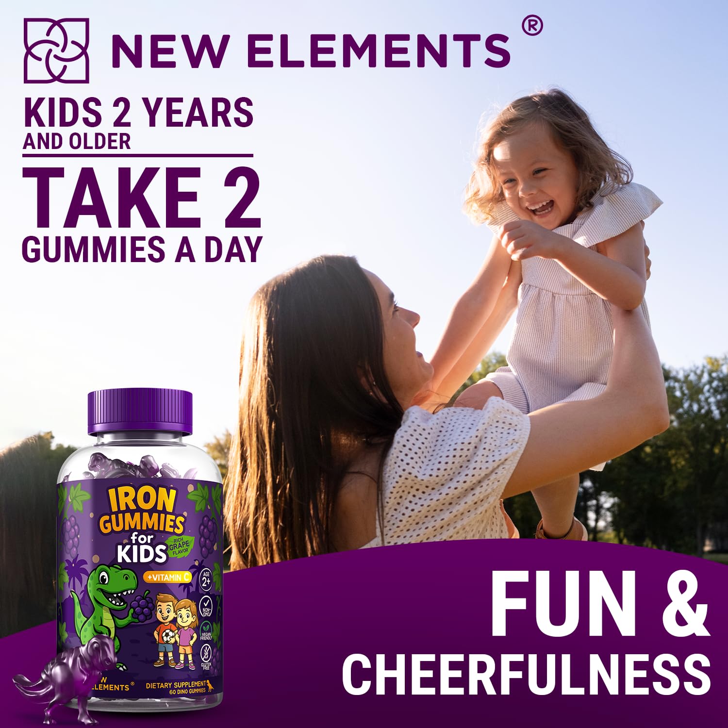 Pack of 2 Iron Dinosaur Gummies for Kids with Vitamin C grape flavor.