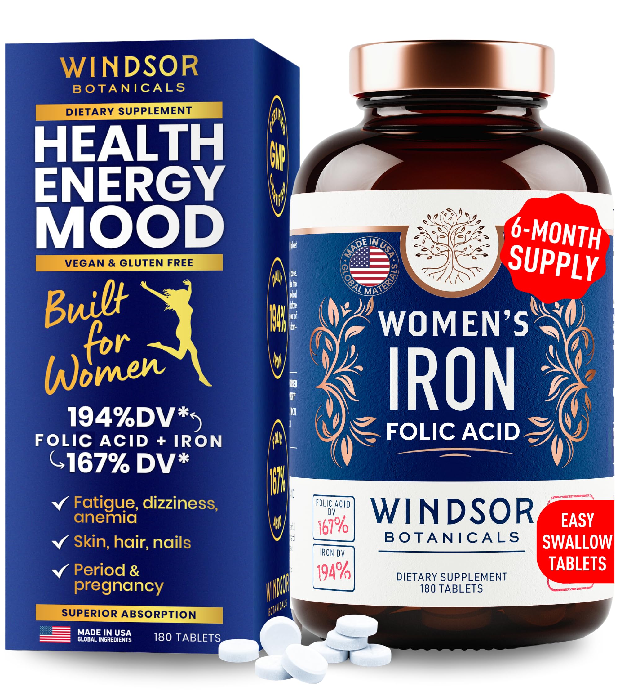 Front view of the iron and folic acid supplement bottle for women