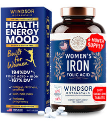 Front view of the iron and folic acid supplement bottle for women