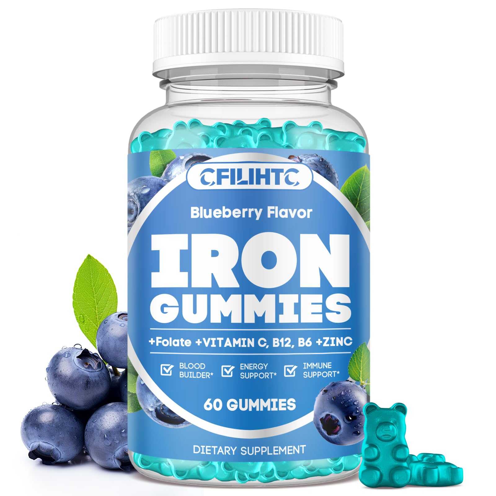 Iron Gummies bottle label showing 18 mg iron per serving