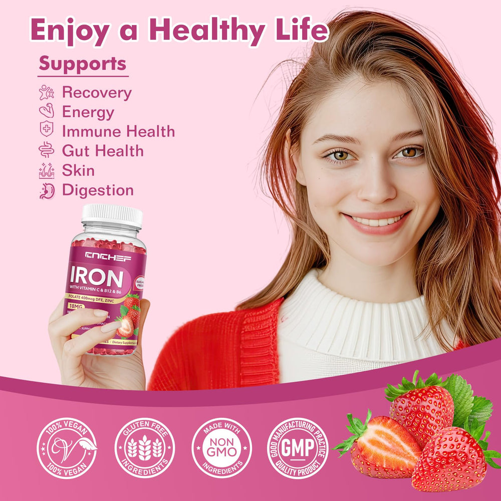 Close-up of iron gummies bottle showing 18 mg iron per serving and Vitamin C