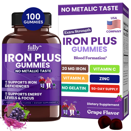 Front label of Iron Gummies grape flavor bottle
