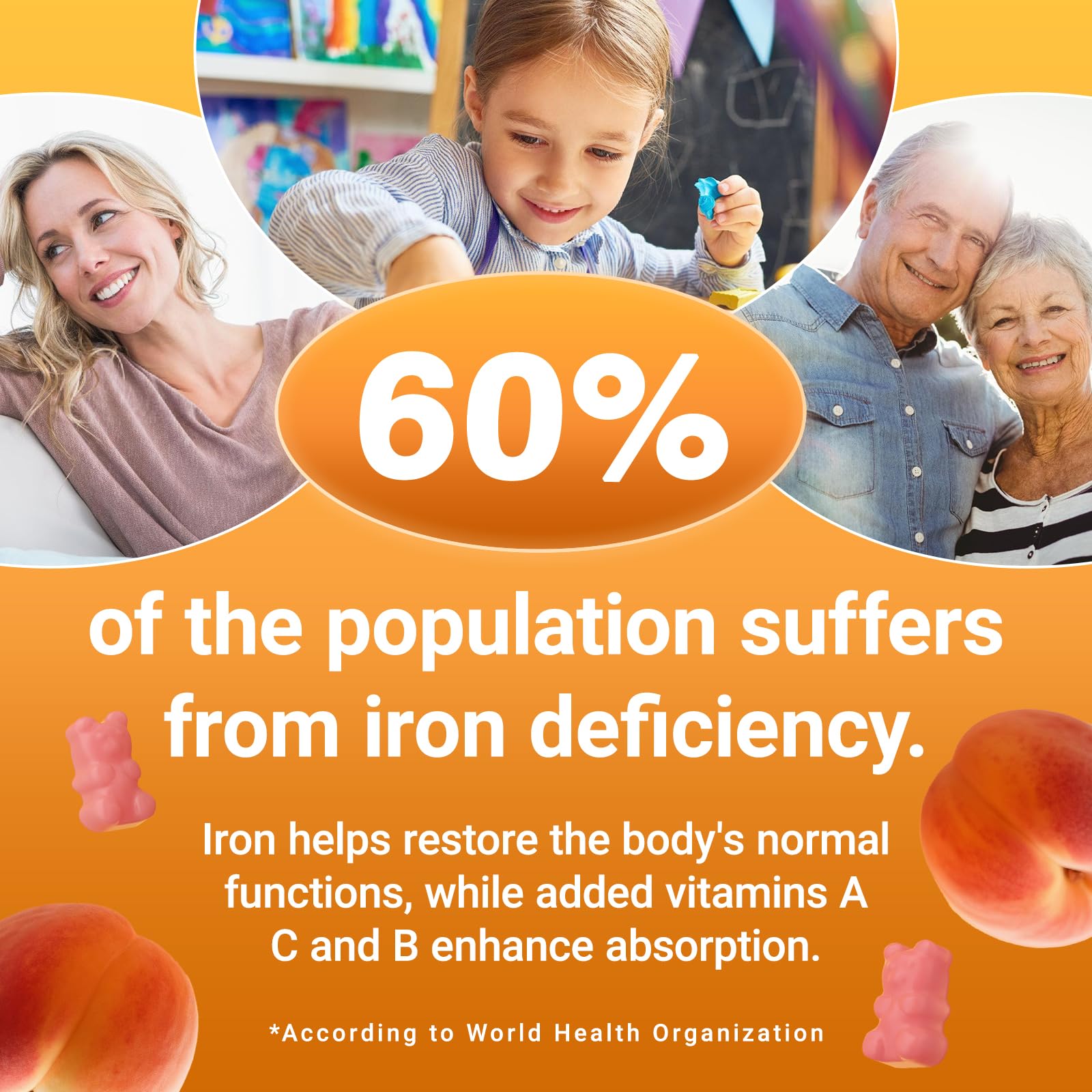 Front label of Peach Iron Gummies packaging