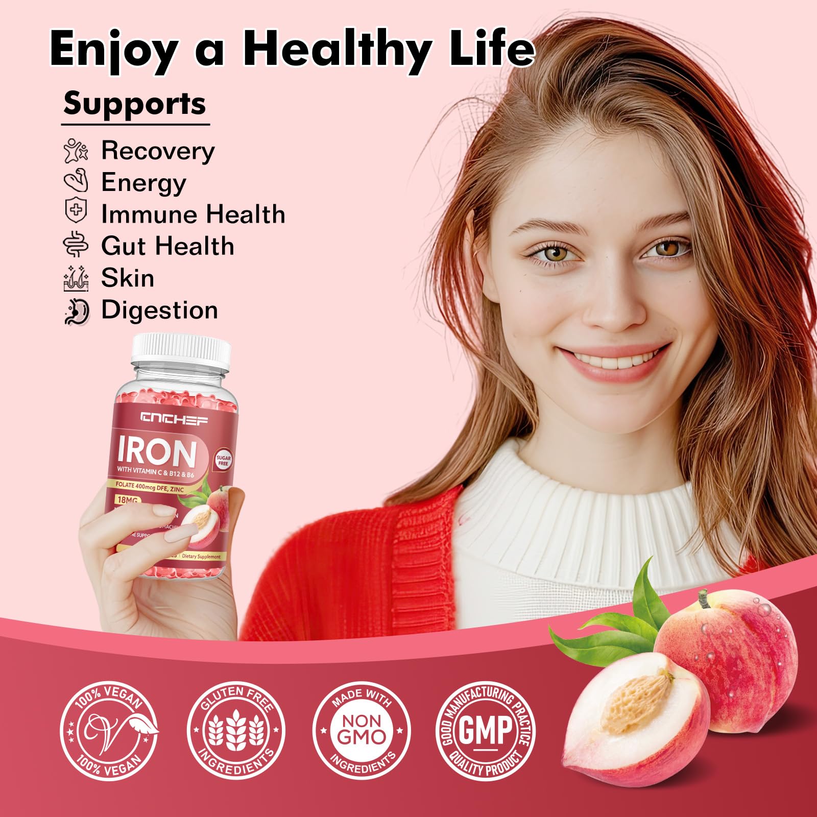 CNCHEF Iron Gummies peach flavor bottle with label