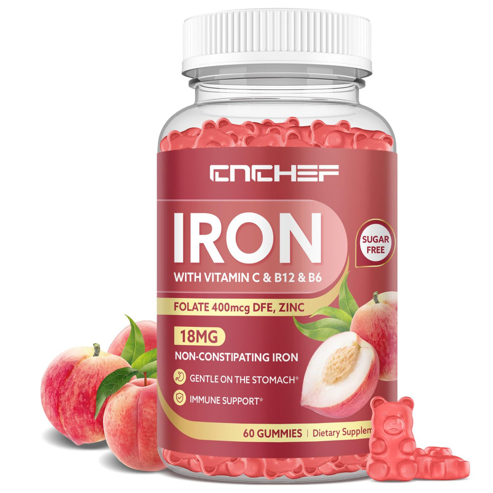 Front view of CNCHEF Iron Gummies peach flavor bottle