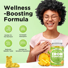 Label showing ingredients and dosage of Iron Gummies Pineapple 60ct