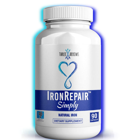 Iron Repair natural iron supplement bottle with capsules.