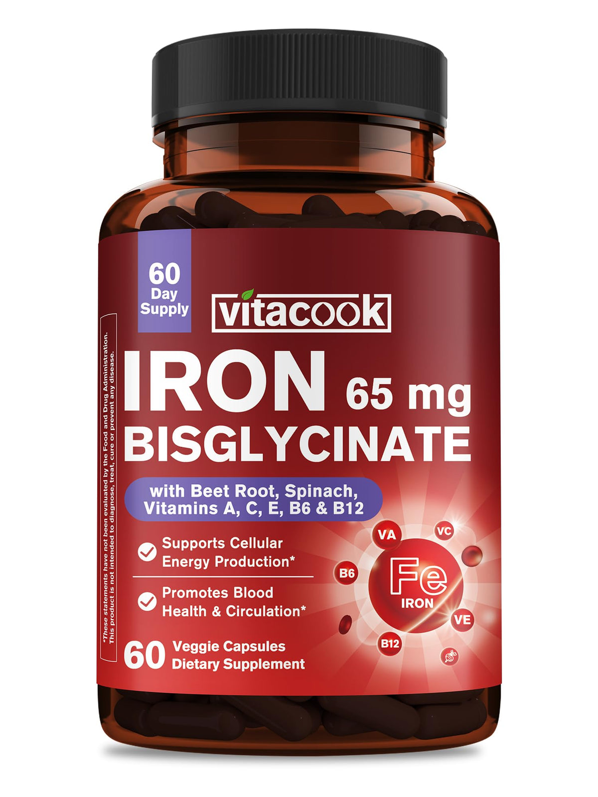 Bottle of 65mg ferrous bisglycinate iron supplement