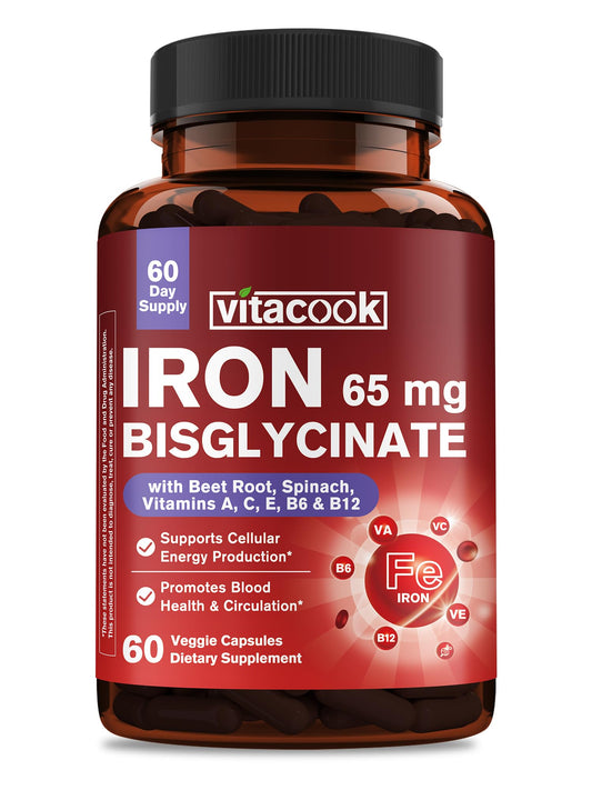 Bottle of 65mg ferrous bisglycinate iron supplement