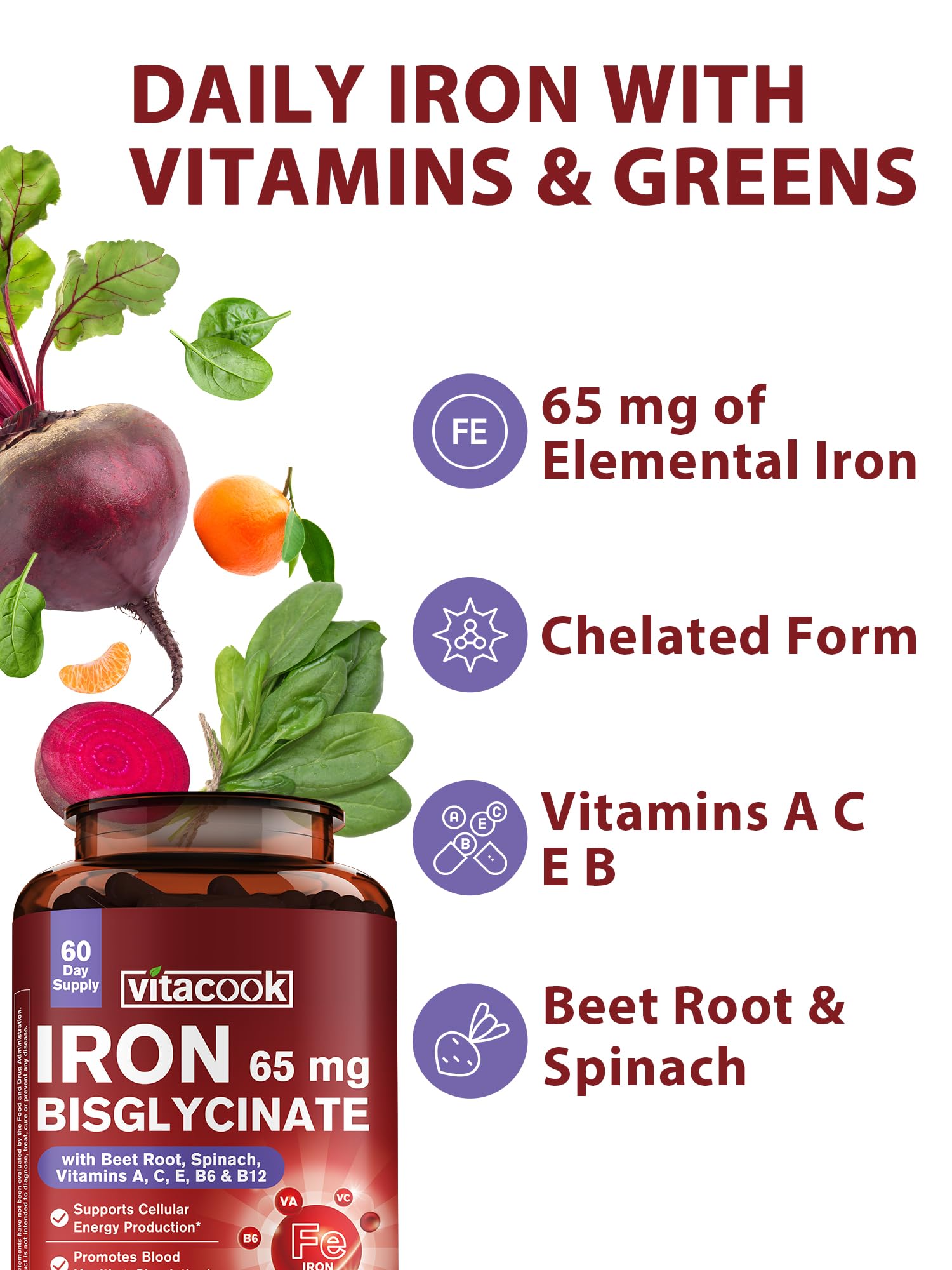 Vitamins A C E B6 B12 and folate included for iron absorption