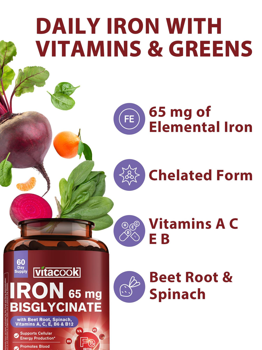 Vitamins A C E B6 B12 and folate included for iron absorption
