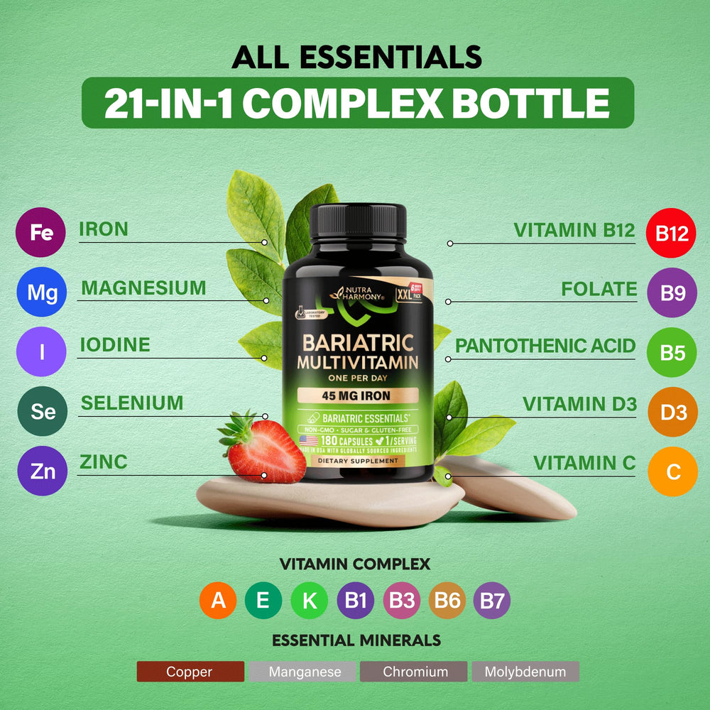 Label highlighting 45 mg iron for post-bariatric care