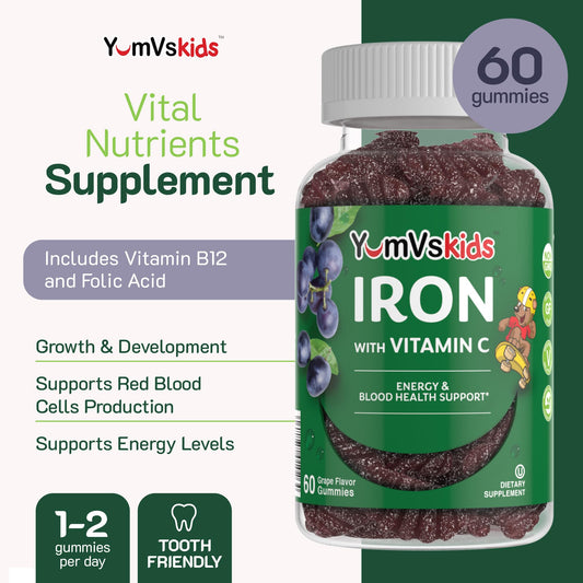 Bottle of Iron Supplement for Kids grape gummies with label