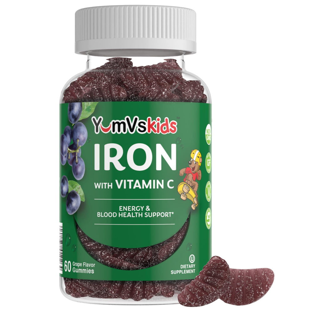 Front packaging of Iron Supplement for Kids grape gummies, 60 count