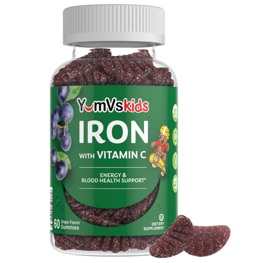 Front packaging of Iron Supplement for Kids grape gummies, 60 count