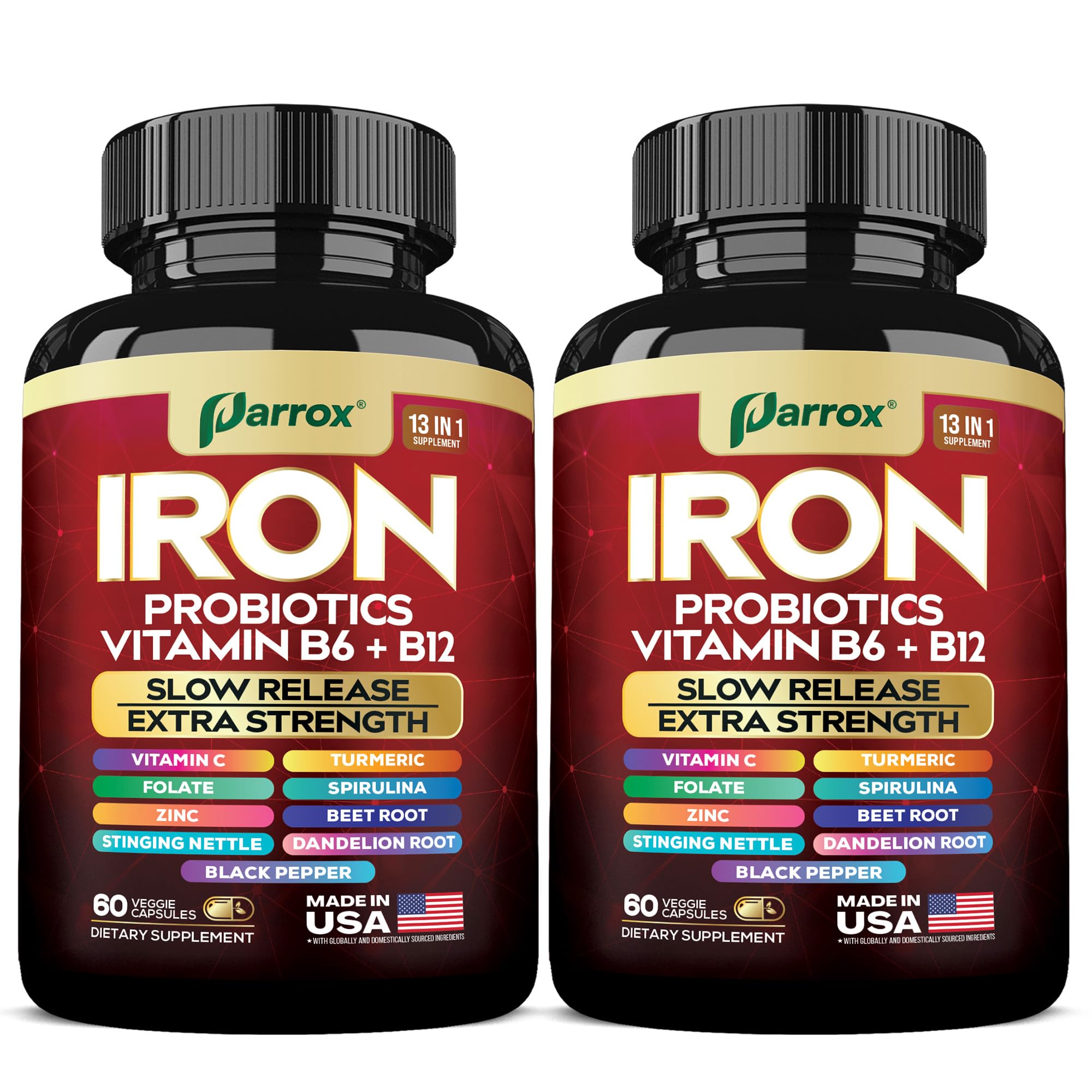 Slow-release iron supplement bottle with 60 vegan capsules