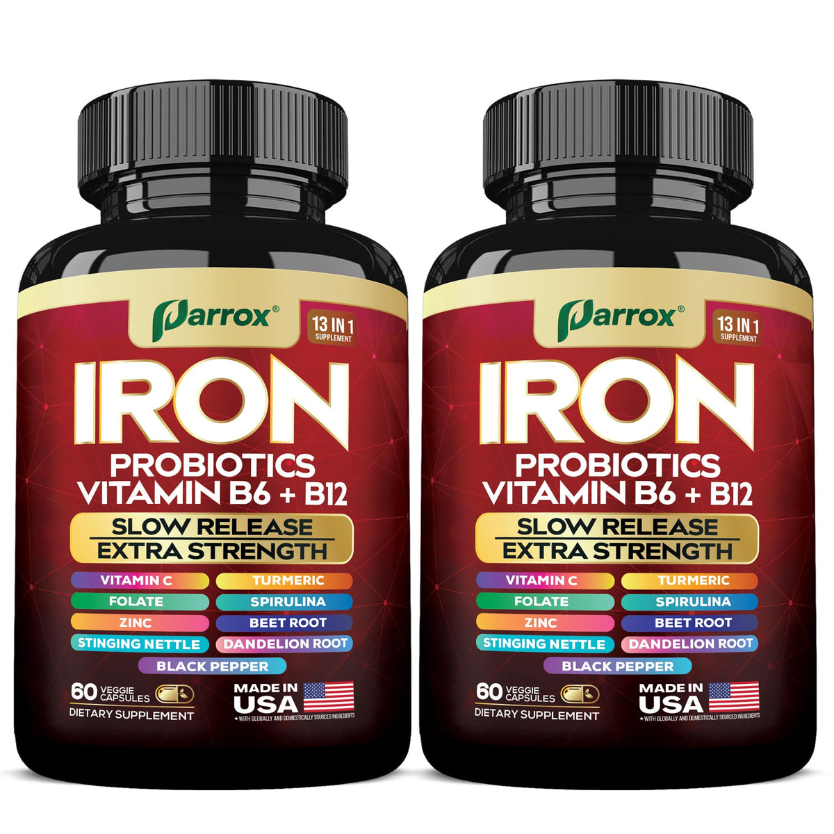 Slow-release iron supplement bottle with 60 vegan capsules