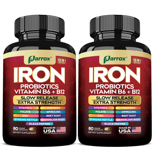 Slow-release iron supplement bottle with 60 vegan capsules