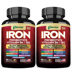 Slow-release iron supplement bottle with 60 vegan capsules