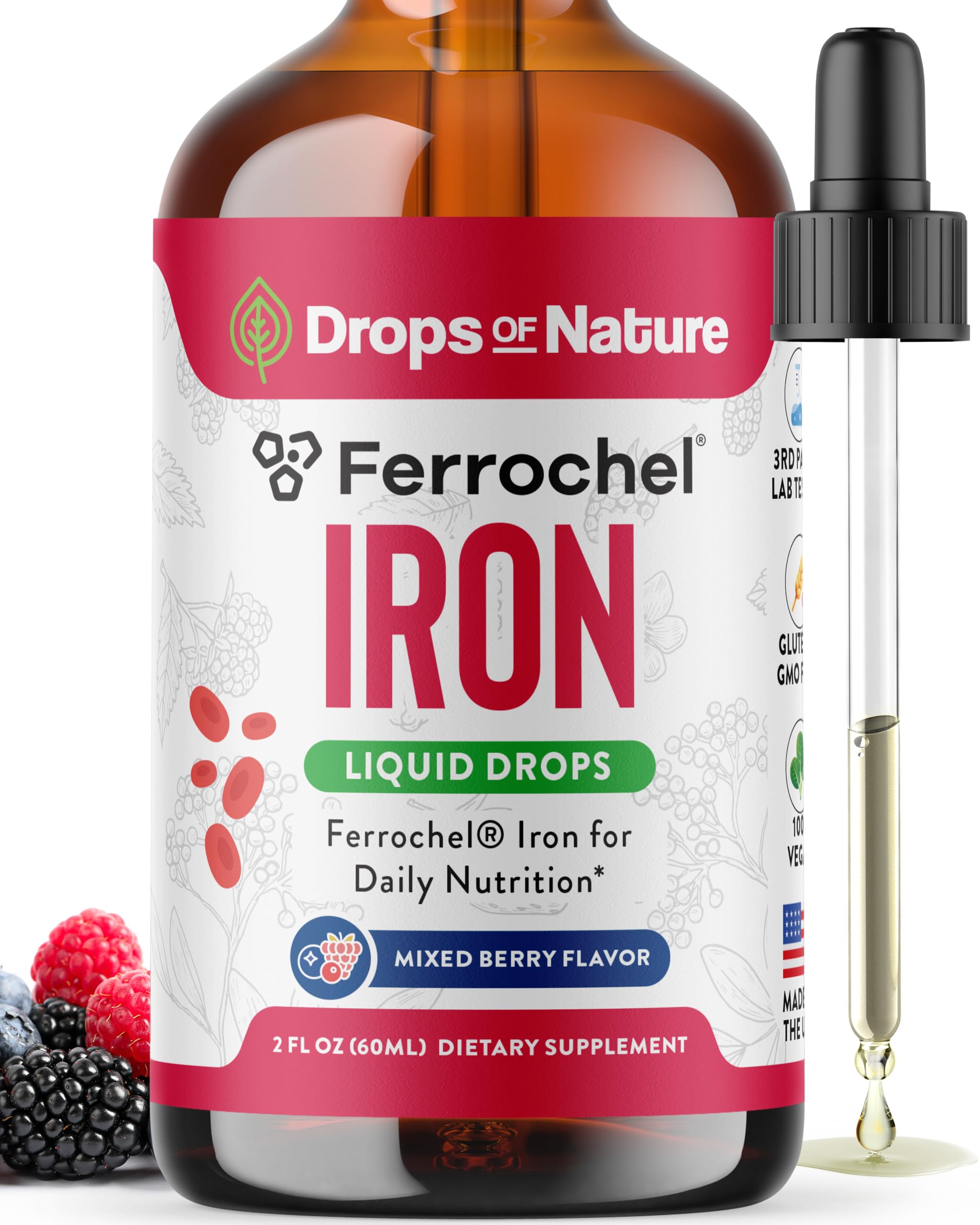 Iron supplement for women bottle with mixed berry liquid drops