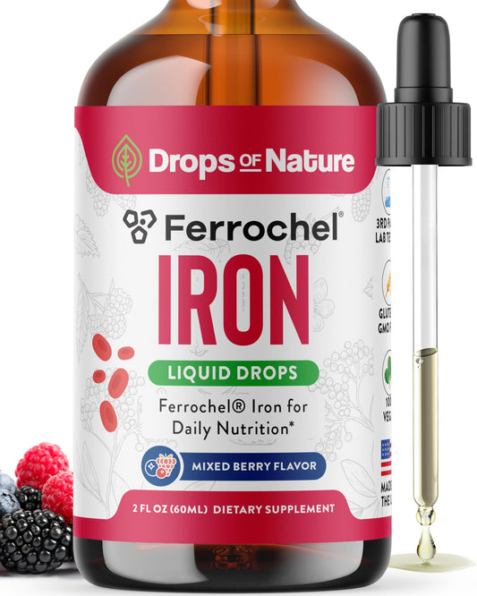 Iron supplement for women bottle with mixed berry liquid drops