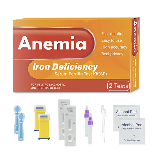 Ferritin iron test kit components laid out on a white surface