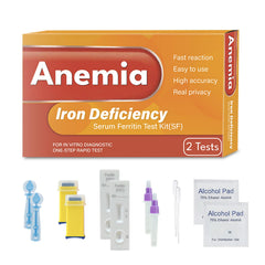 Ferritin iron test kit components laid out on a white surface