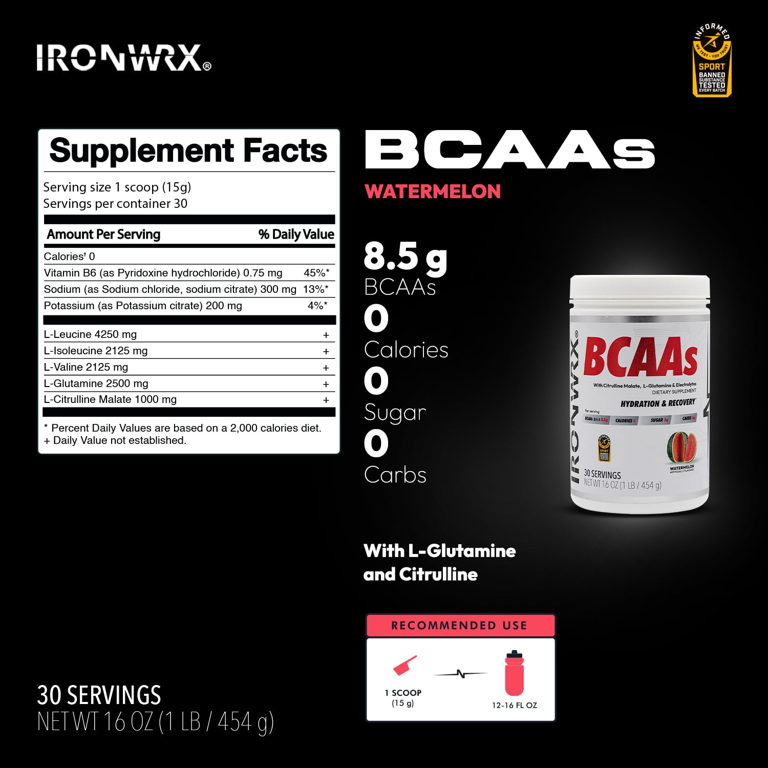 Citrulline malate and L-glutamine on label close-up