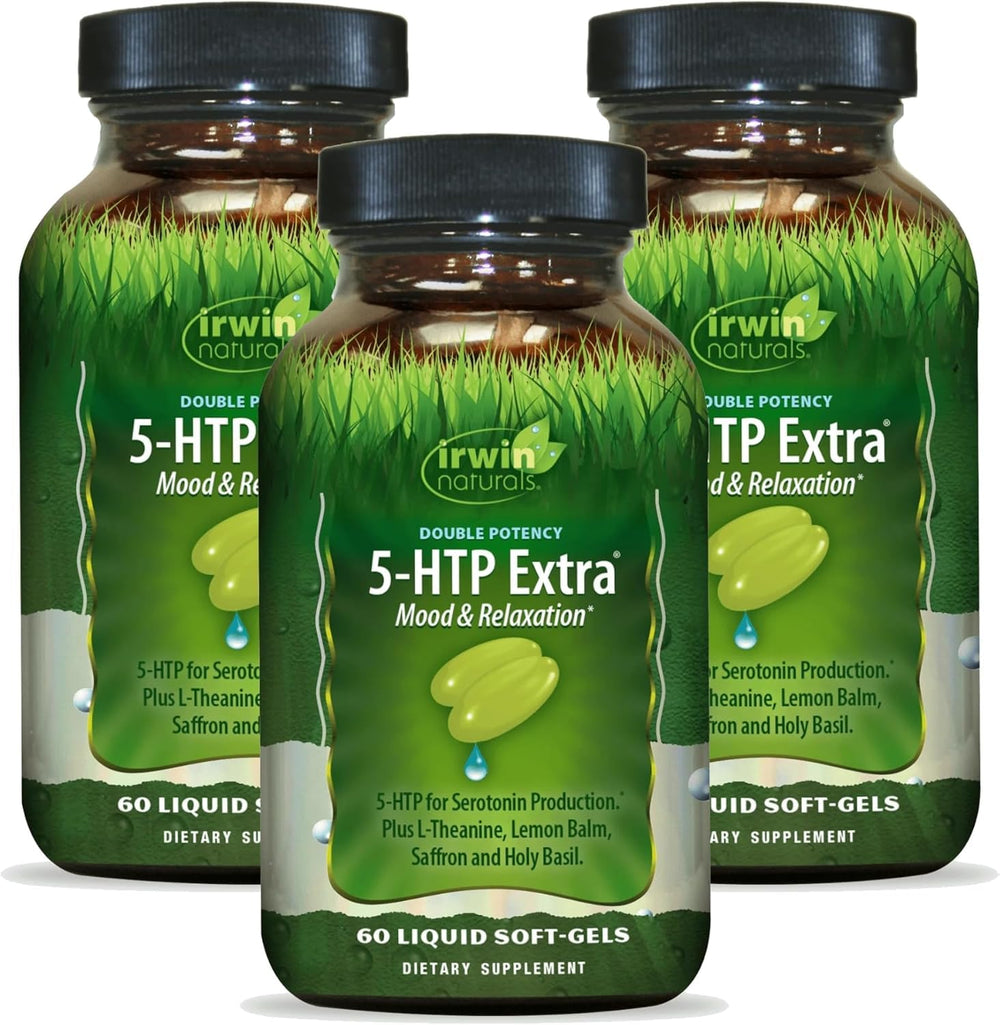 Front view of Irwin Naturals Double Potency 5-HTP Extra 60 softgels per bottle in a 3-pack