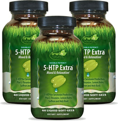 Front view of Irwin Naturals Double Potency 5-HTP Extra 60 softgels per bottle in a 3-pack