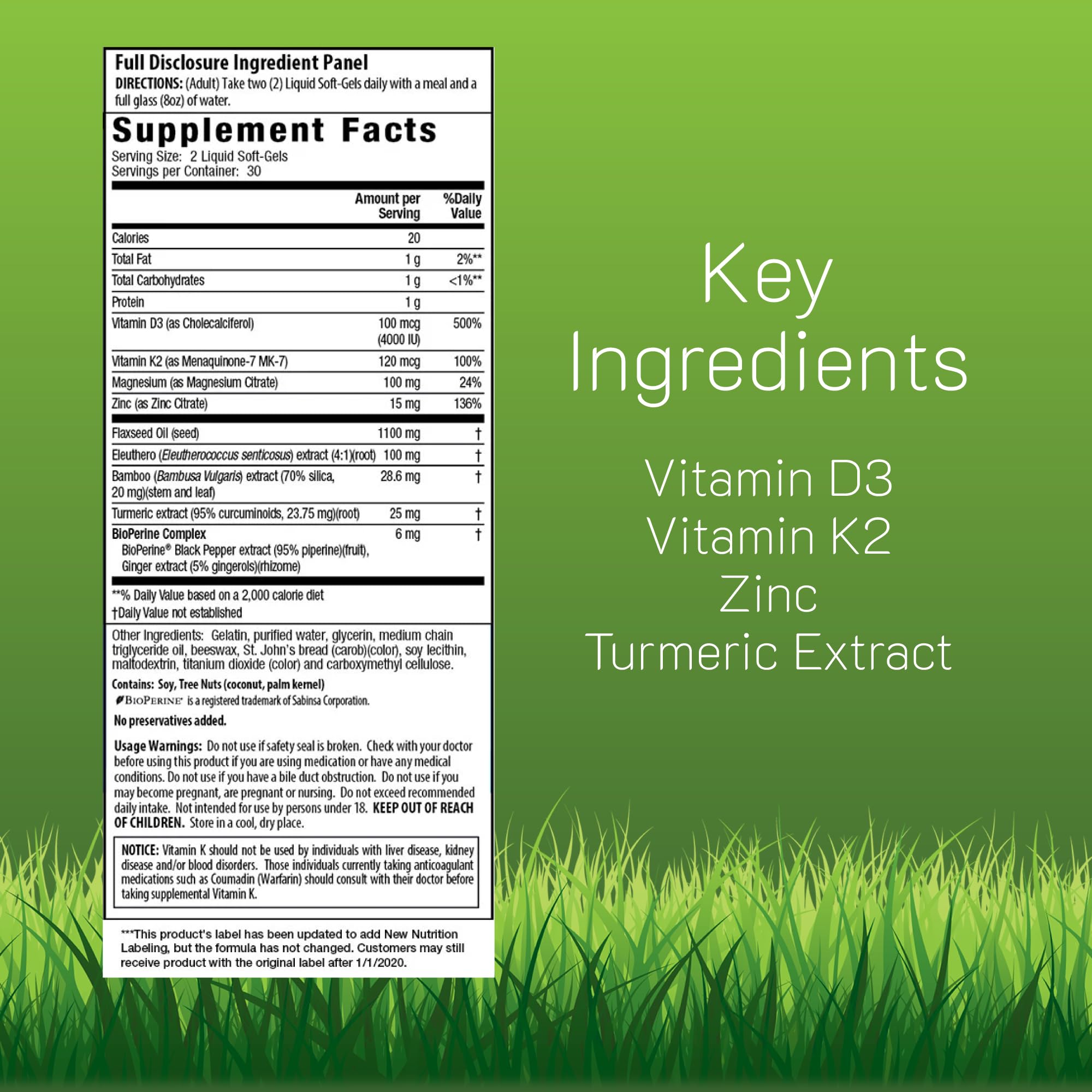 Back label showing supplement facts for D3, K2 MK-7 and other ingredients