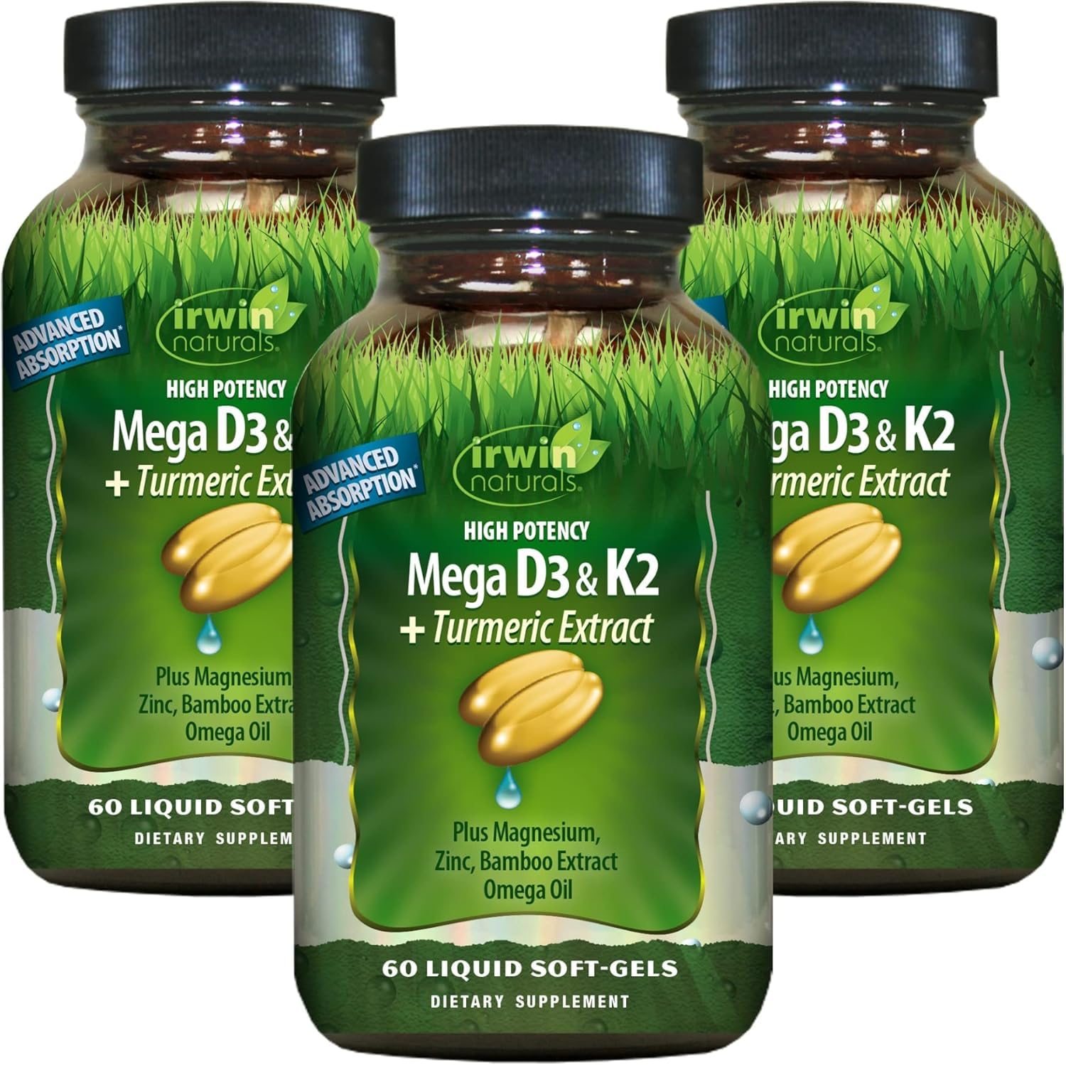 Front of Irwin Naturals D3 K2 Turmeric softgels 3-pack bottle