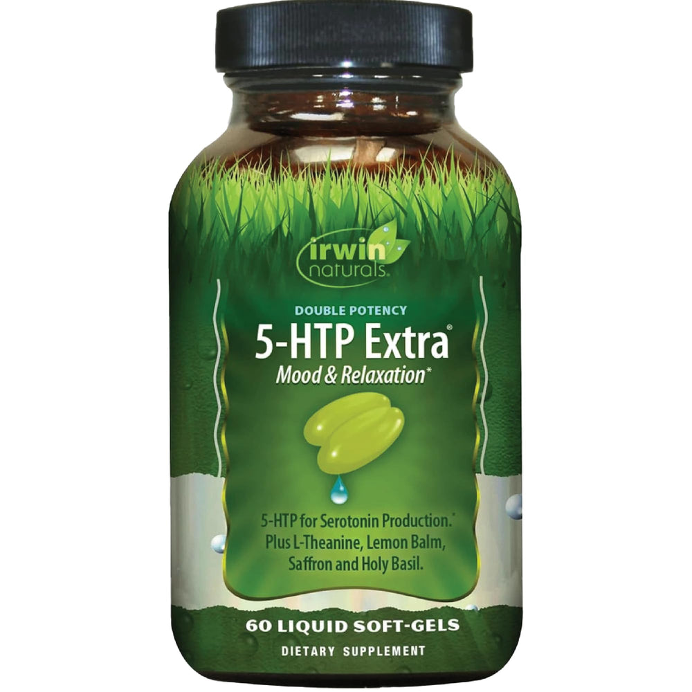 Bottle of Irwin Naturals Double Potency 5-HTP Extra - 60 liquid soft-gels