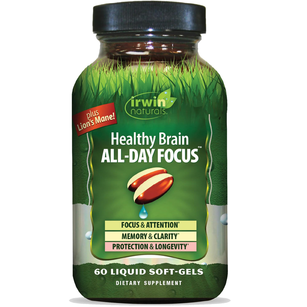 Irwin Naturals Healthy Brain All-Day Focus bottle and packaging on white background