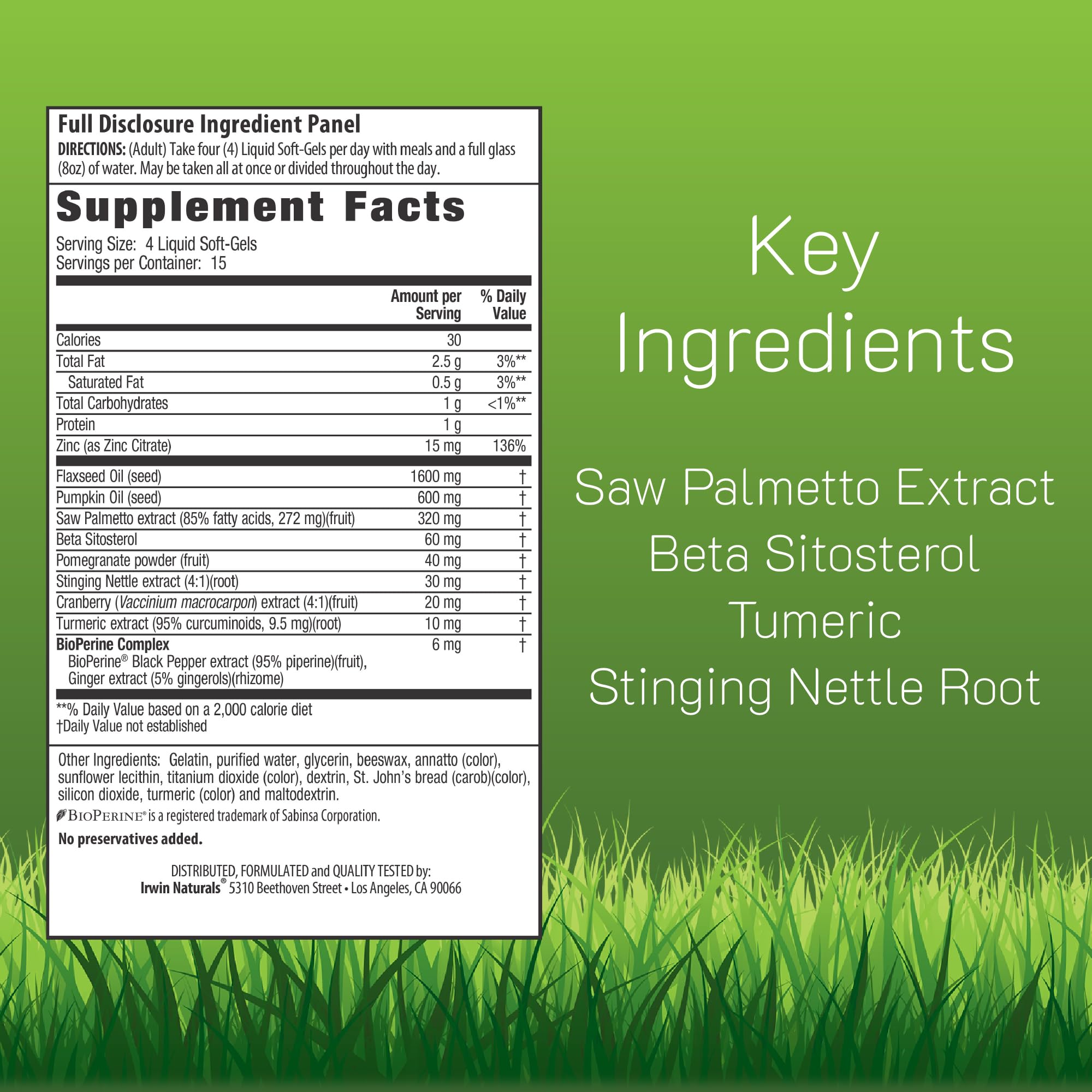 Front label highlighting prostate and urinary support benefits