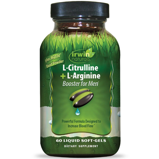 Front view of Irwin Naturals L-Citrulline + L-Arginine 60 softgels bottle