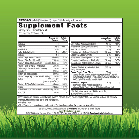 Ingredient panel showing vitamins, minerals and daily values