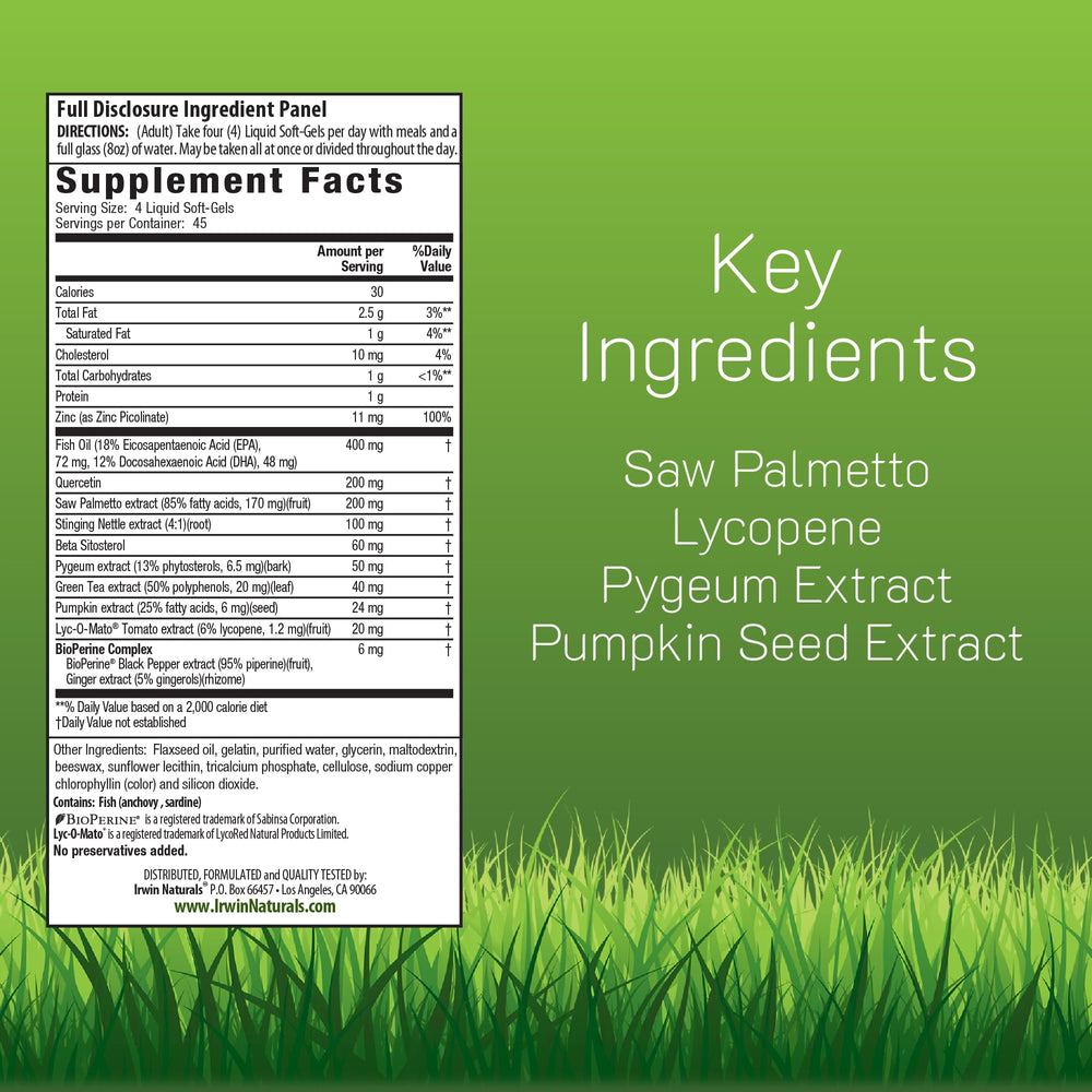 Irwin Naturals Prosta-Strong bottle back shows ingredient panel for transparency