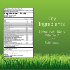 Product label highlighting Eight Mushroom Blend and Immune Support