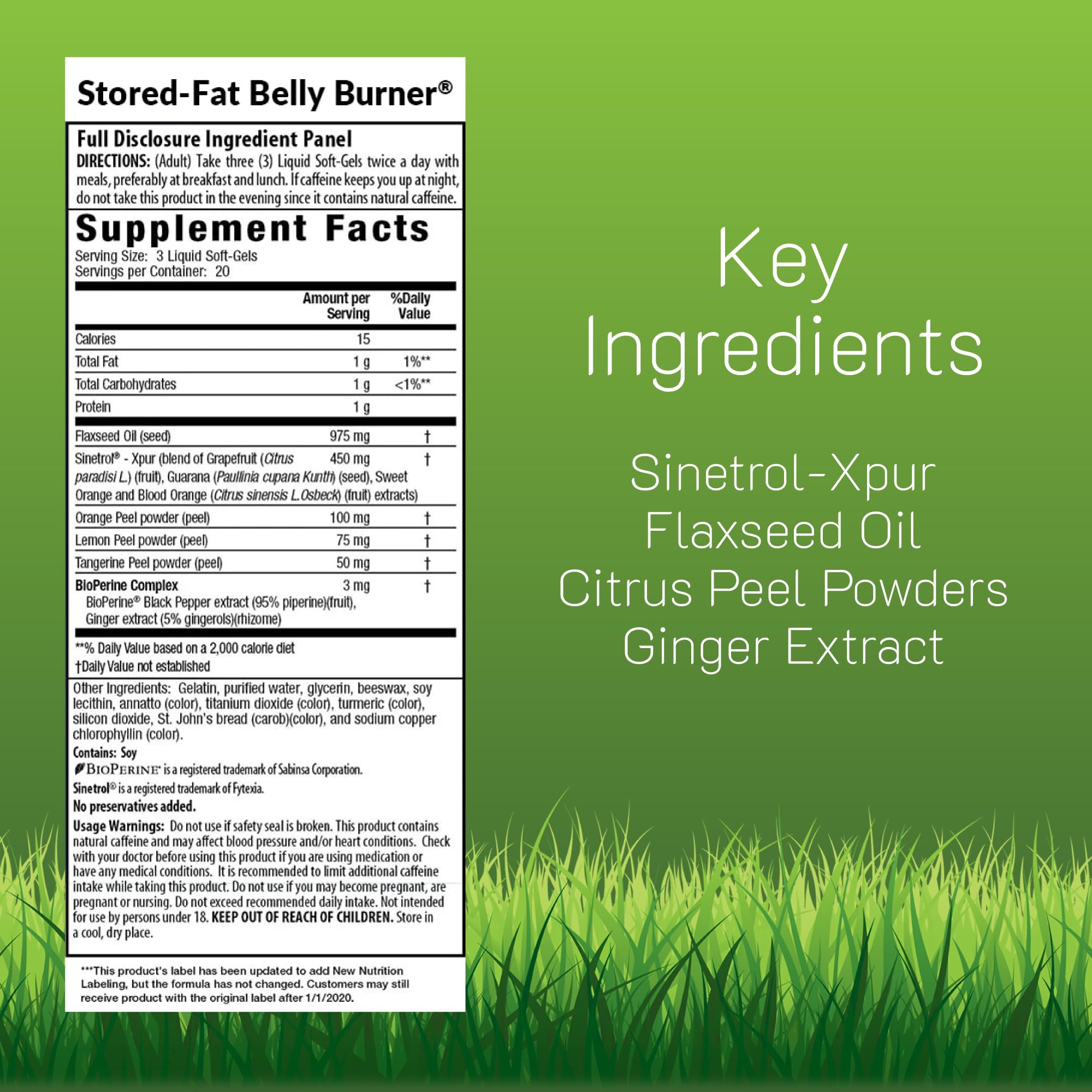 Irwin Naturals Stored-Fat Belly Burner bottle back shows Sinetrol and Bioperine.