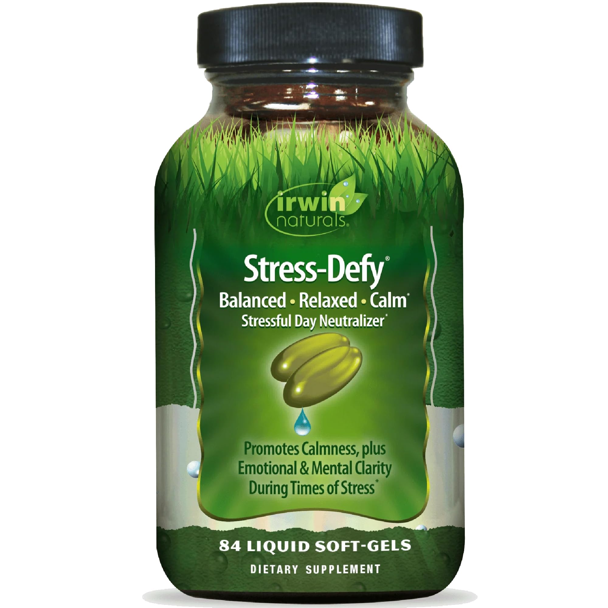 Irwin Naturals Stress-Defy Sleep PM bottle with 50 liquid soft-gels