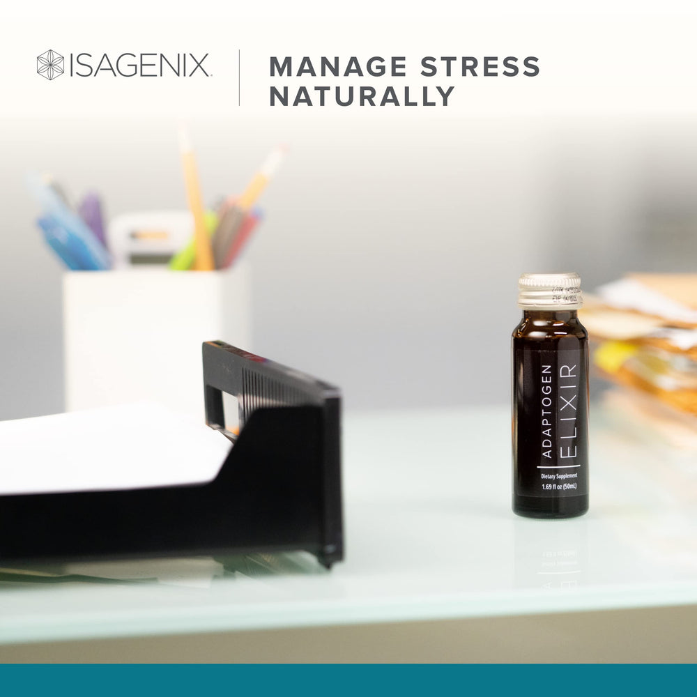 Six bottles in a 10-count Isagenix Adaptogen Elixir package
