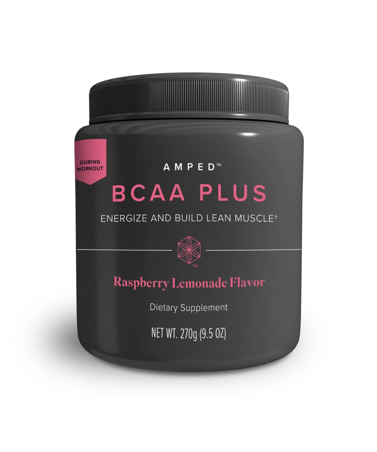 Front view of Isagenix AMPED BCAA Plus Raspberry Lemonade 9.5 oz canister